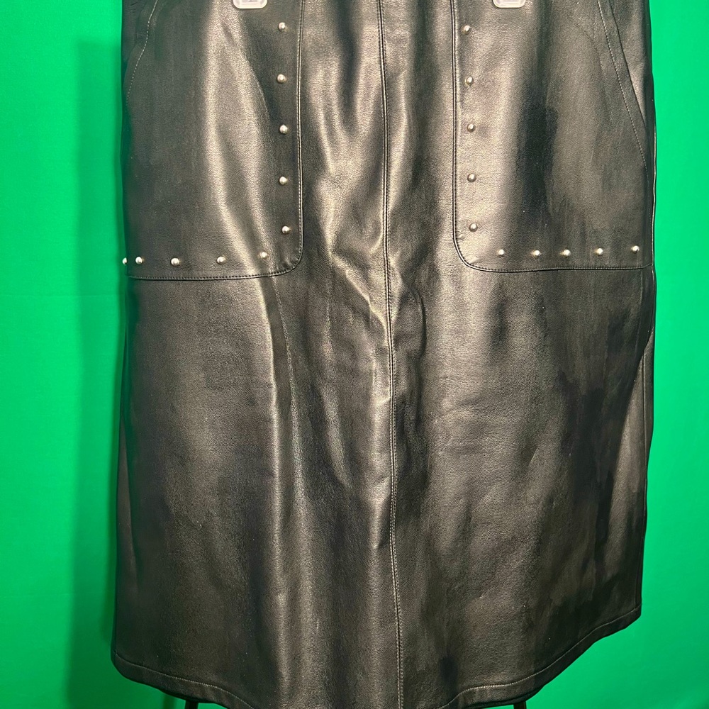 Size6, Philosophy, Leather Black Skirt Two Front Pockets with Silver Beads Decor